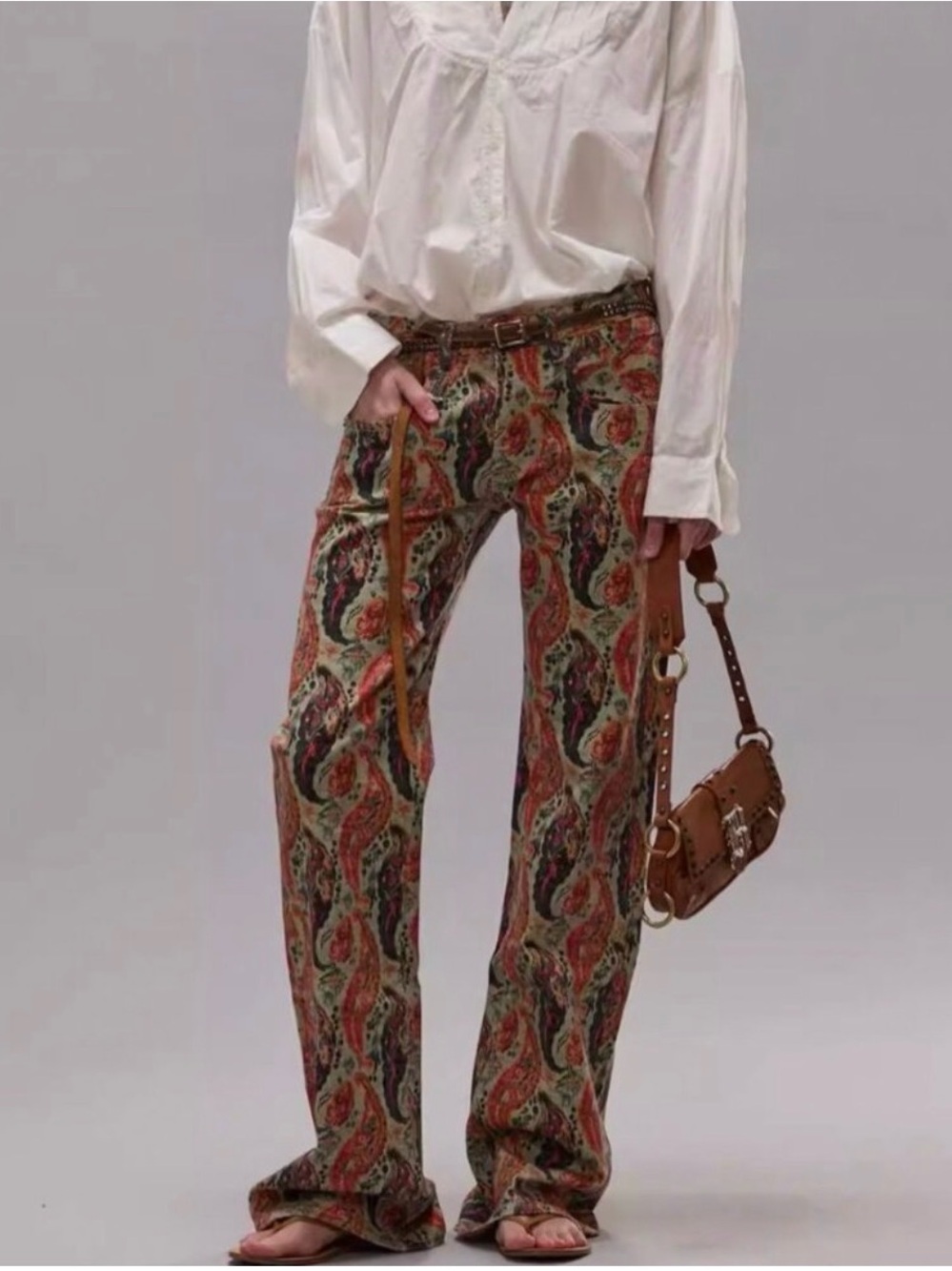 R13 Paisley Boot-Cut Pants in Red, Green and Brown